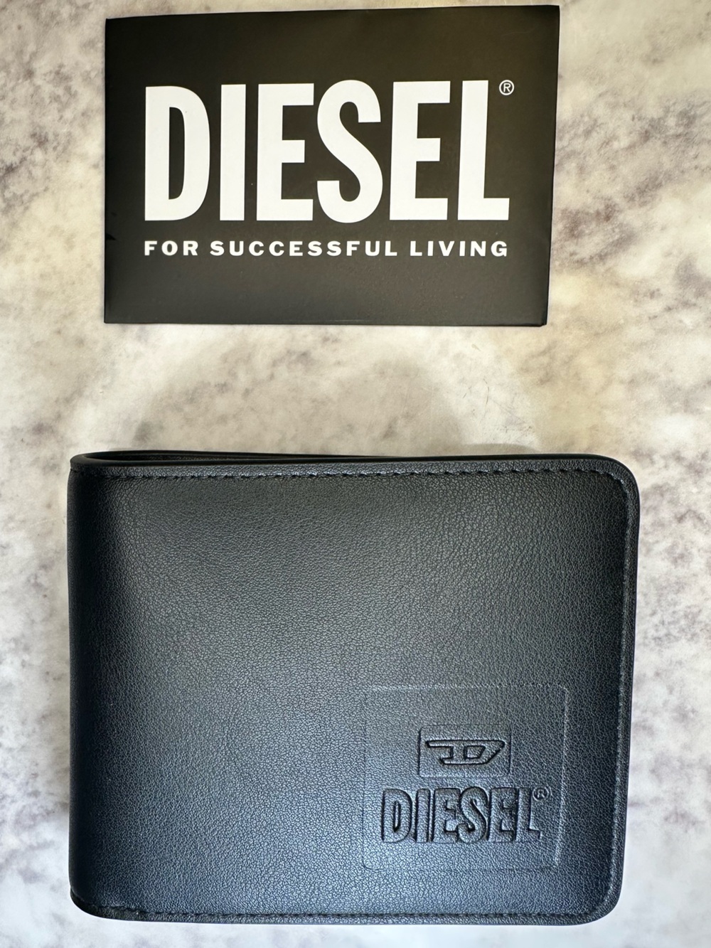 Diesel Black Leather Compact Wallet with Embossed Logo